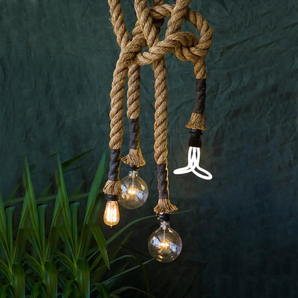 Coastal Rope Pendant Light With Exposed Bulbs - Beige (4 Lights) For Restaurant