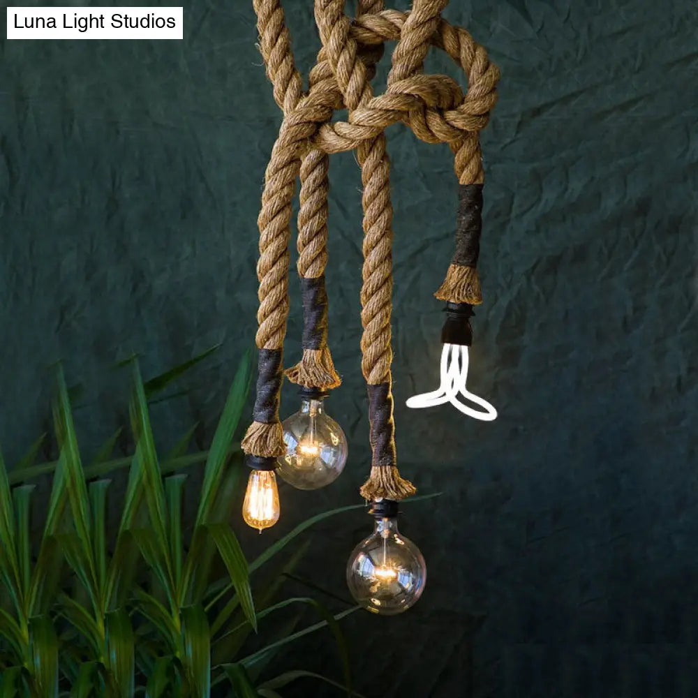 Beige Rope-Hung Pendant Lamp With Exposed Bulbs - Perfect For Restaurant Lighting