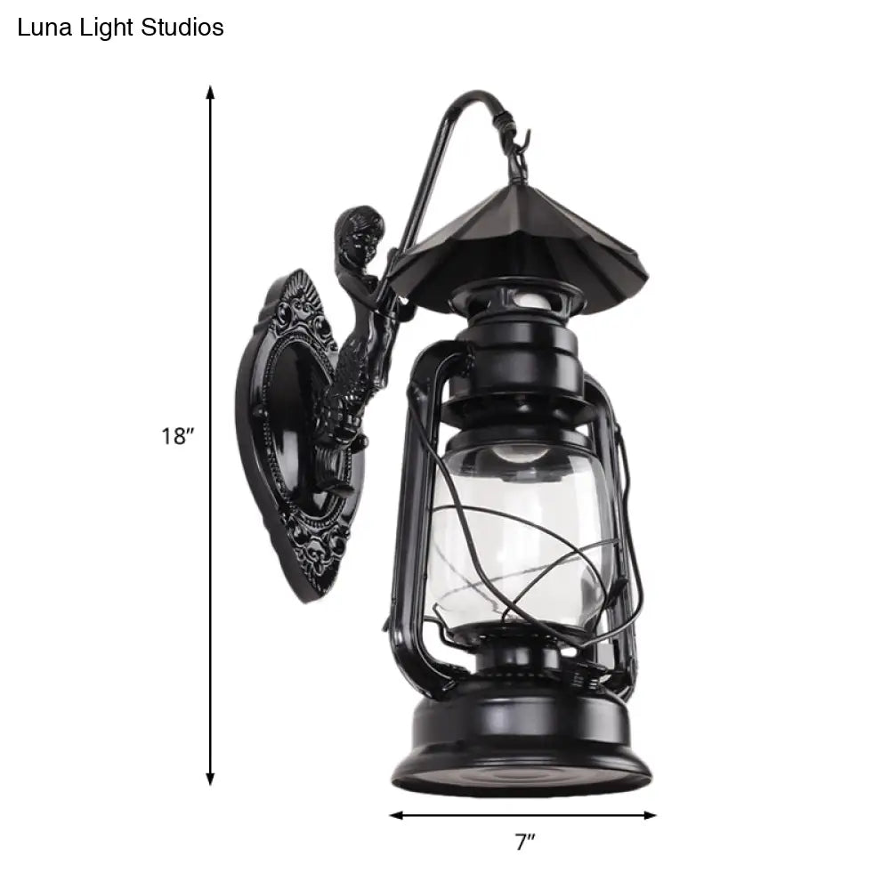 Coastal Single Bulb Kerosene Glass Wall Sconce In Black/Antique Brass For Living Room