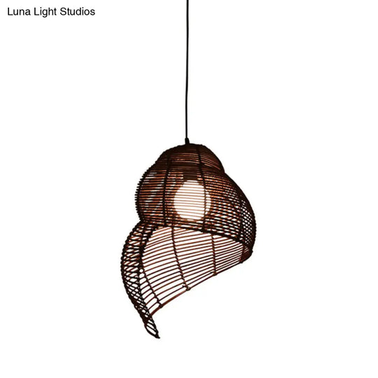 Coastal Single-Bulb Rattan Pendant Light Kit - Spiral Shell Shaped Coffee/Beige 10’/12’/14’ Wide