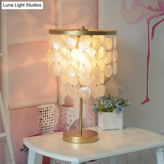 Coastal Style 2-Layer Shell Table Lamp 2-Bulb Night Light For Girls Bedroom In Gold