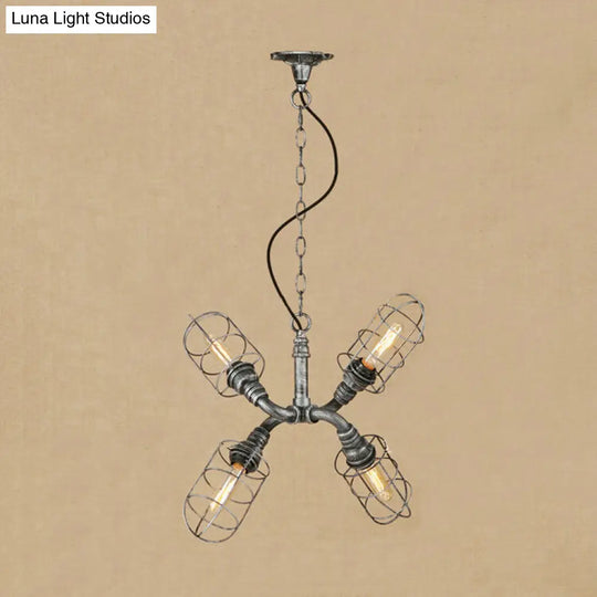 Coastal Style 4-Light Caged Hanging Chandelier Pendant In Bronze/Antique Silver Wrought Iron Aged