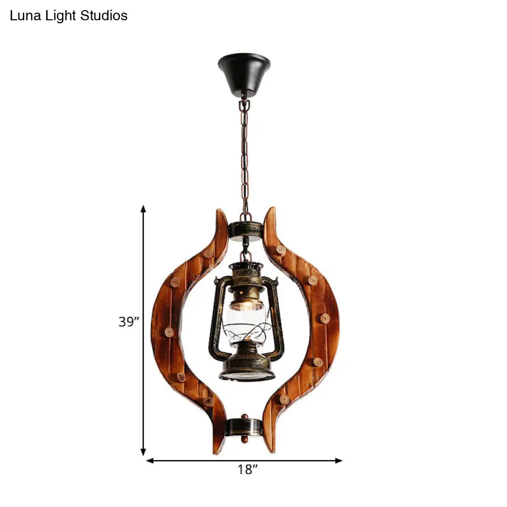 Coastal Style Bronze Kerosene Lamp Pendant With Wood Frame - Metal 1 Light Bar Hanging Fixture