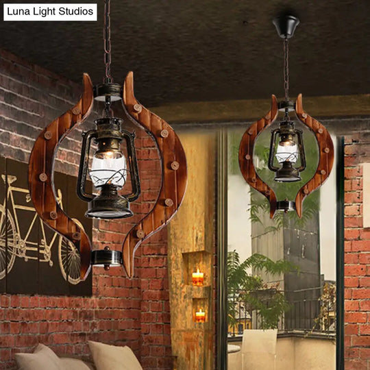 Coastal Style Bronze Kerosene Lamp Pendant With Wood Frame - Metal 1 Light Bar Hanging Fixture