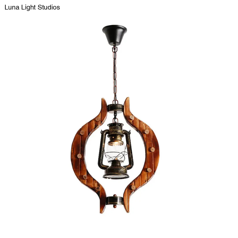 Coastal Style Bronze Kerosene Lamp Pendant With Wood Frame - 1 Light Hanging Bar Metal Fixture