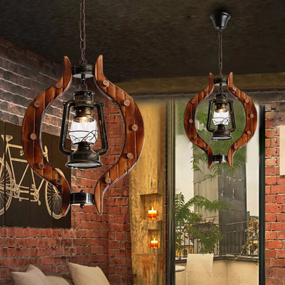Coastal Style Bronze Kerosene Lamp Pendant With Wood Frame - 1 Light Hanging Bar Metal Fixture