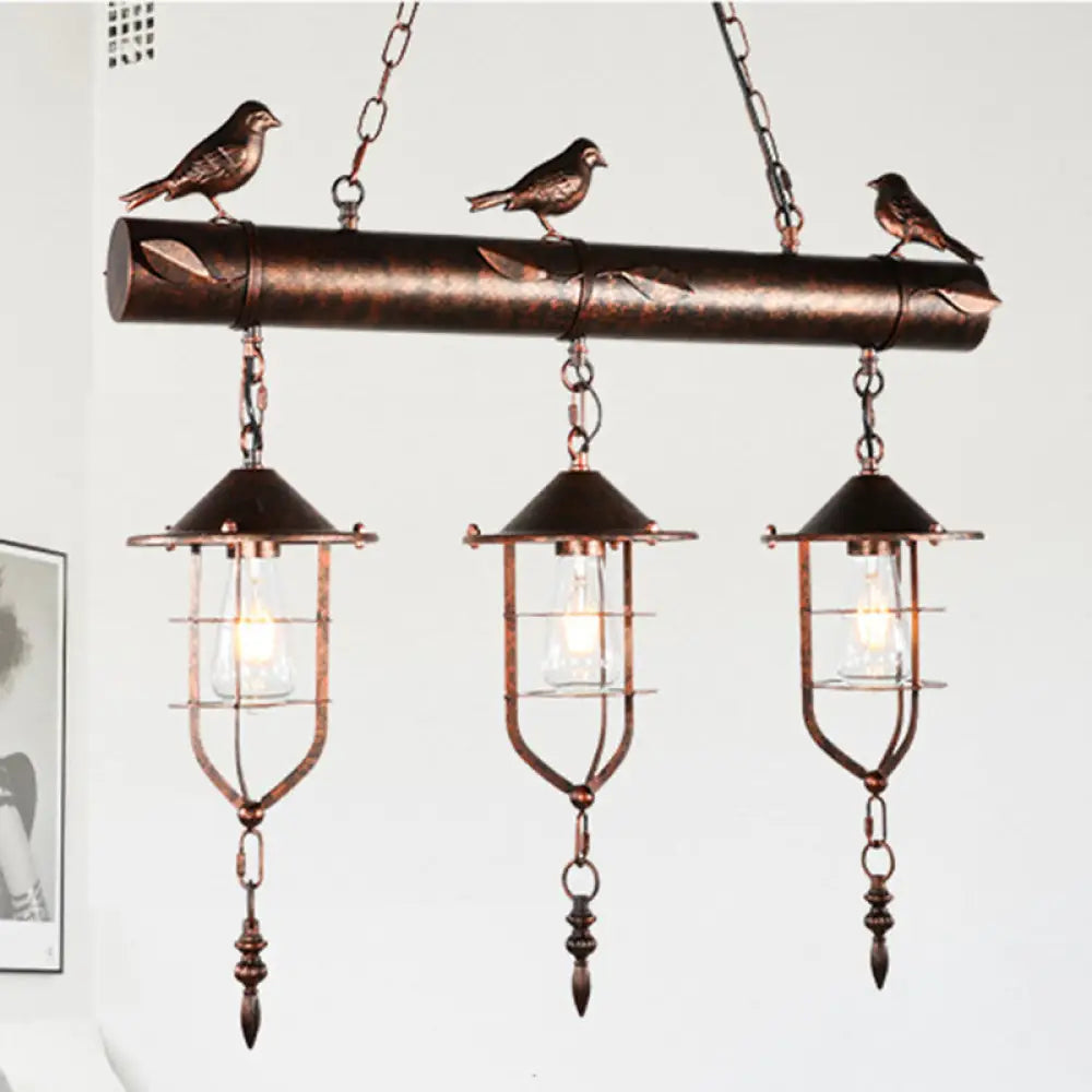 Coastal Style Metal Caged Island Pendant Light - 3-Light Kitchen Hanging Lamp In Bronze/Weathered