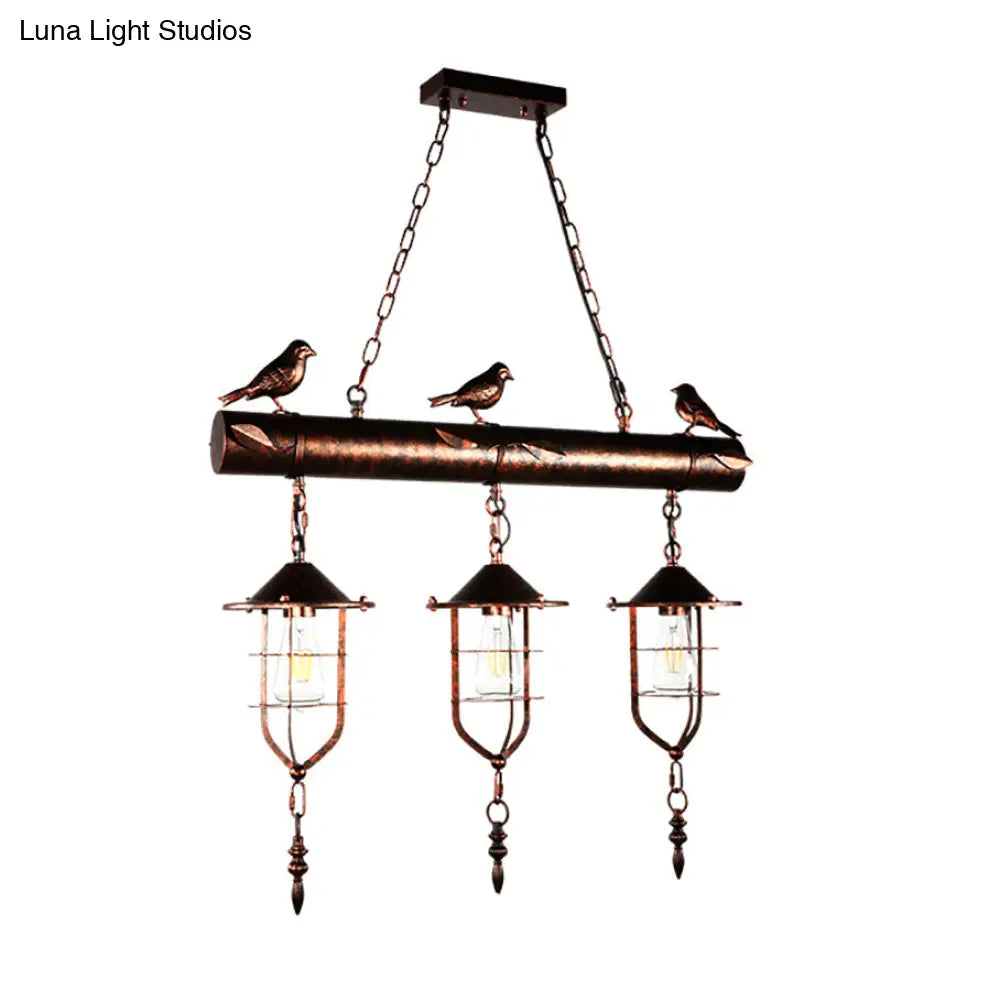 Coastal Style Metal Caged Island Pendant Light - 3-Light Kitchen Hanging Lamp In Bronze/Weathered