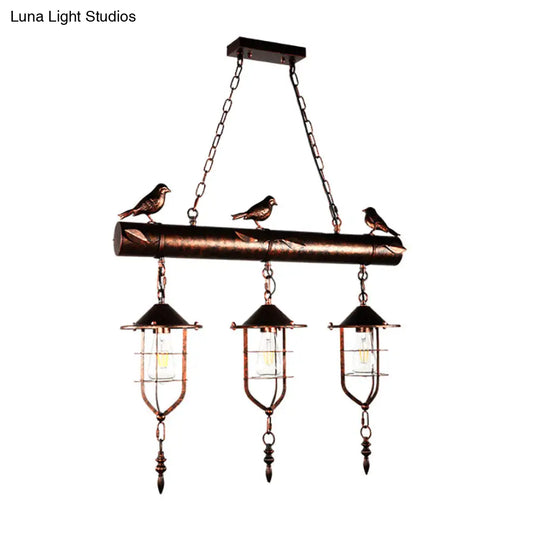 Coastal Style Metal Caged Island Pendant Light - 3-Light Kitchen Hanging Lamp In Bronze/Weathered