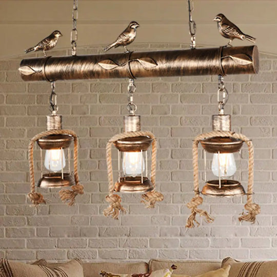 Coastal Style Metal Caged Island Pendant Light - 3-Light Kitchen Hanging Lamp In Bronze/Weathered