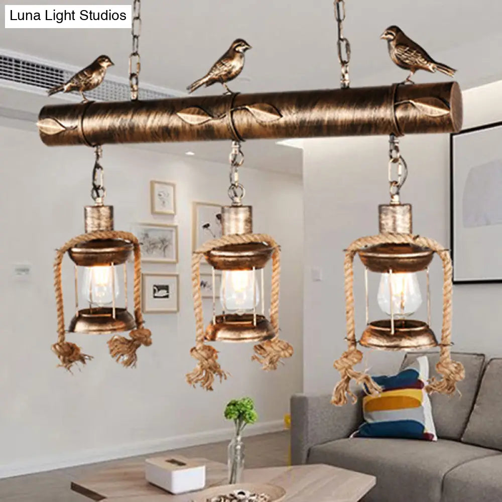 Coastal Style Metal Caged Island Pendant Light - 3-Light Kitchen Hanging Lamp In Bronze/Weathered