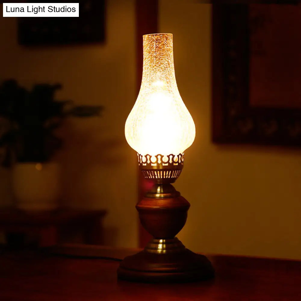 Coastal Vase Table Lighting: Wood Base With Tan Crackle Glass Night Light In Red Brown