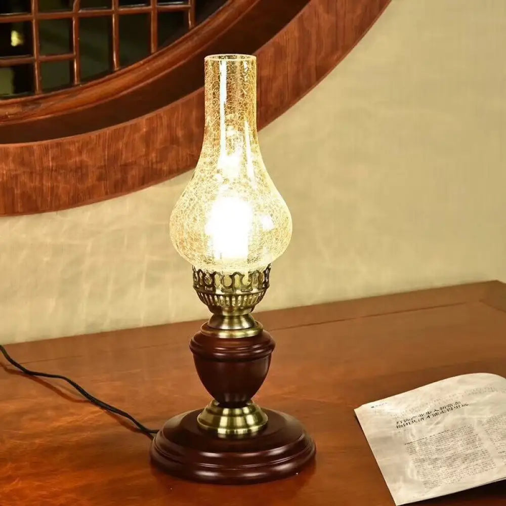 Coastal Vase Table Lighting: Wood Base With Tan Crackle Glass Night Light In Red Brown