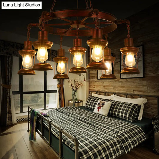 Coastal Metal Lantern Pendant Lamp With Weathered Copper Finish - 7 Lights Chandelier Fixture