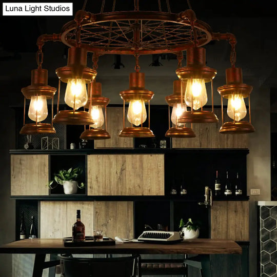 Coastal Metal Lantern Pendant Lamp With Weathered Copper Finish - 7 Lights Chandelier Fixture