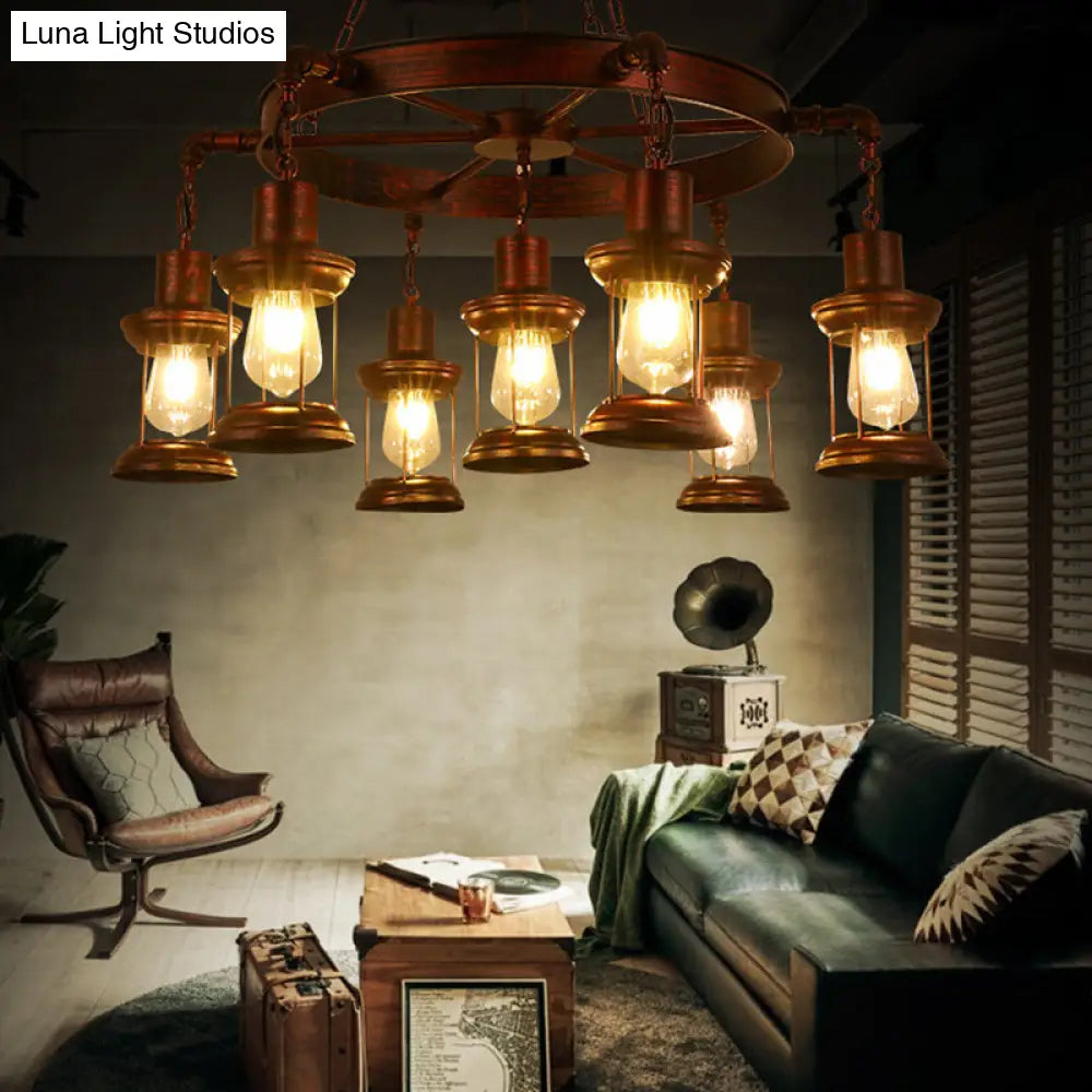 Coastal Metal Lantern Pendant Lamp With Weathered Copper Finish - 7 Lights Chandelier Fixture