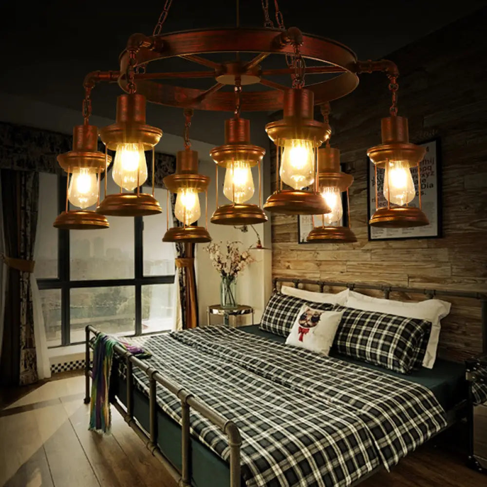 Coastal Weathered Copper Chandelier With 7 Lights - Rustic Metal Lantern Pendant Lamp / Gear