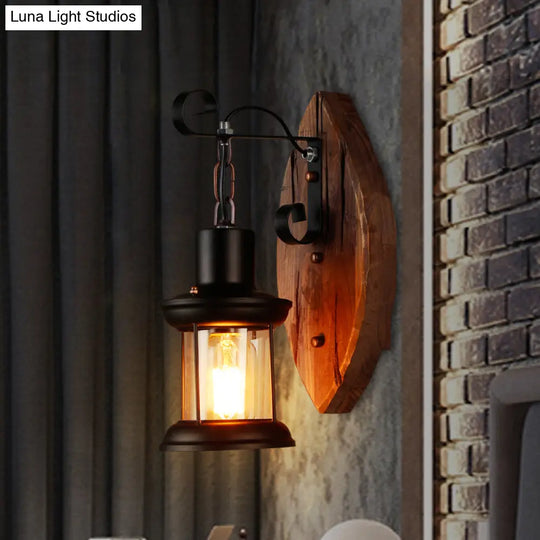 Coastal Wood And Black Lantern Sconce: Wall Lamp For Corridor