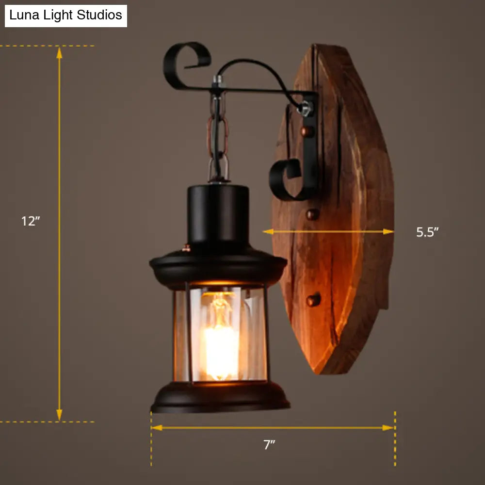 Coastal Wood And Black Lantern Sconce: Wall Lamp For Corridor