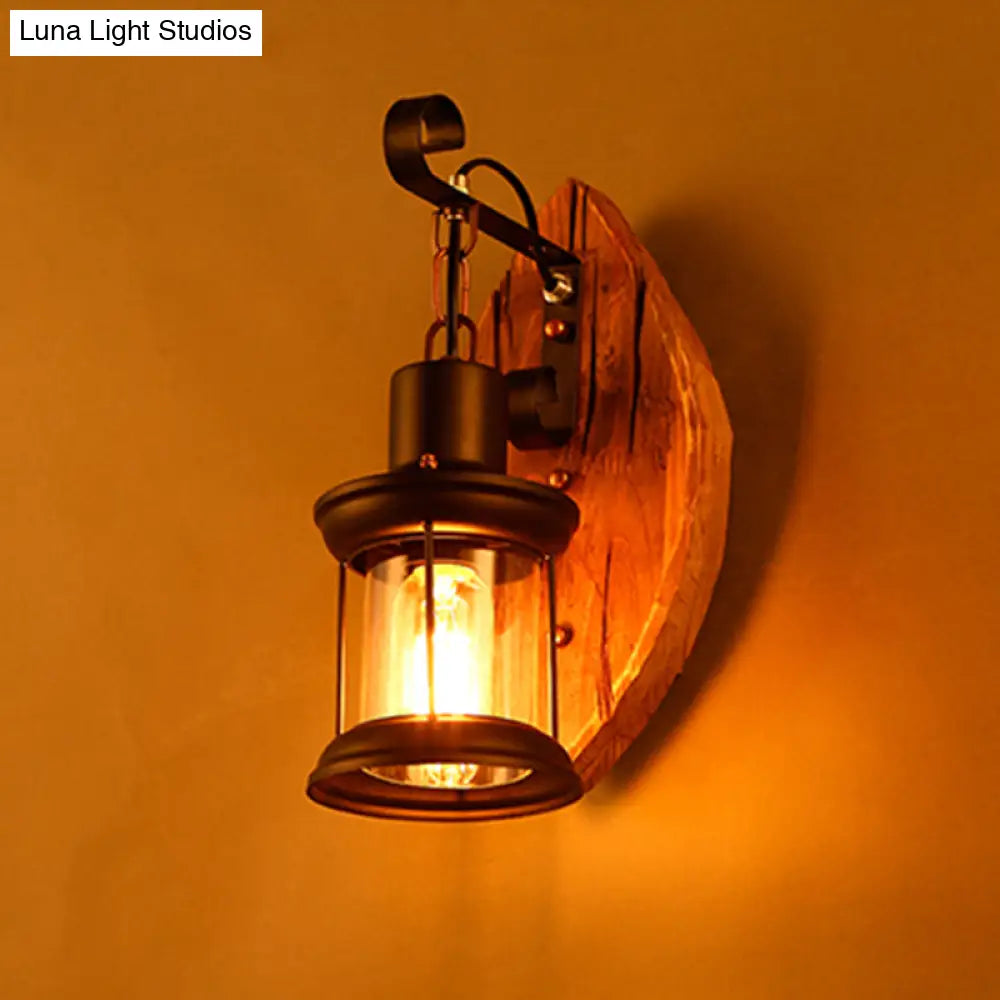 Coastal Wood And Black Lantern Sconce: Wall Lamp For Corridor