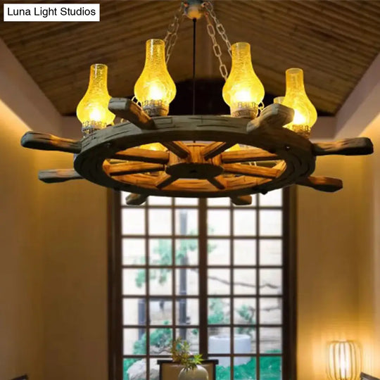 Coastal Wood Rudder Pendant Light Kit With Yellow Crackle Glass Shade - 8-Light Chandelier For