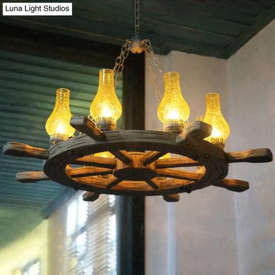 Coastal Wood Rudder Pendant Light Kit With Yellow Crackle Glass Shade - 8-Light Chandelier For