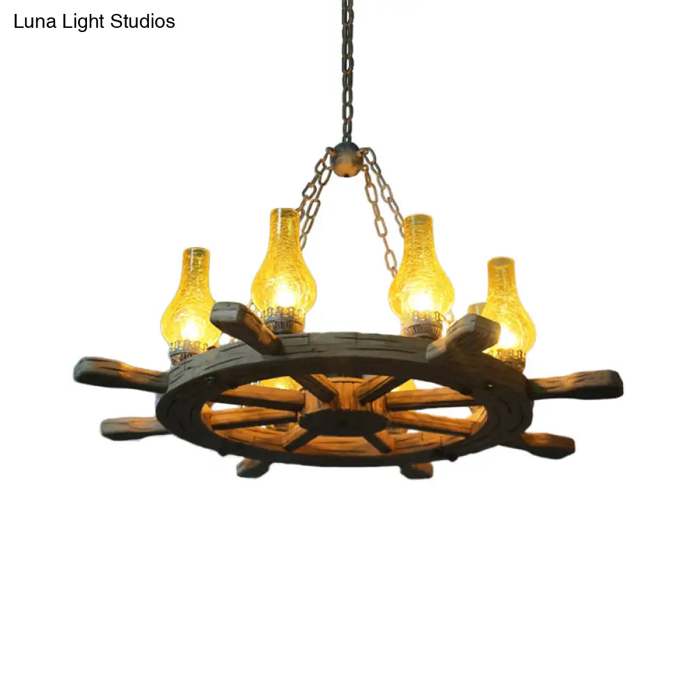 Coastal Wood Rudder Pendant Light Kit With Yellow Crackle Glass Shade - 8-Light Chandelier Lighting