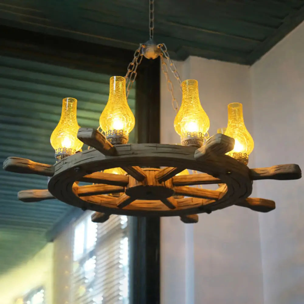 Coastal Wood Rudder Pendant Light Kit With Yellow Crackle Glass Shade - 8-Light Chandelier Lighting