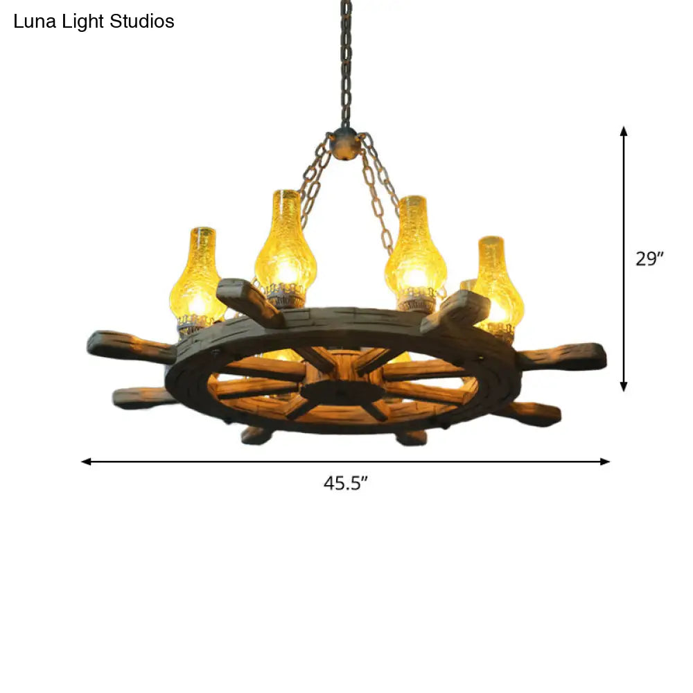 Coastal Wood Rudder Pendant Light Kit With Yellow Crackle Glass Shade - 8-Light Chandelier For