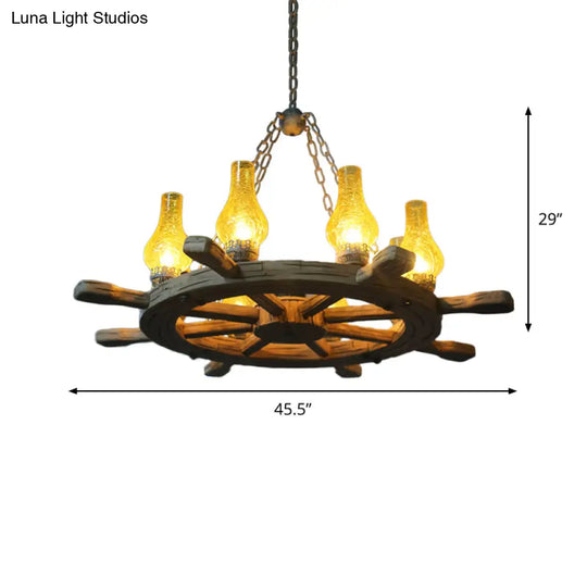 Coastal Wood Rudder Pendant Light Kit With Yellow Crackle Glass Shade - 8-Light Chandelier Lighting