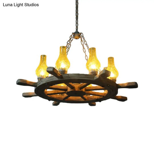 Coastal Wood Rudder Pendant Light Kit With Yellow Crackle Glass Shade - 8-Light Chandelier For