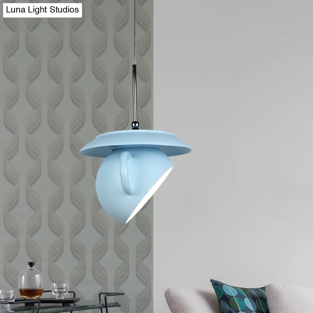 Coffee Cup Macaron Pendant Light With Cement Shade - White/Blue/Yellow Finish Led Ceiling Lamp