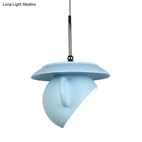 Coffee Cup Macaron Pendant Light With Cement Shade - White/Blue/Yellow Finish Led Ceiling Lamp