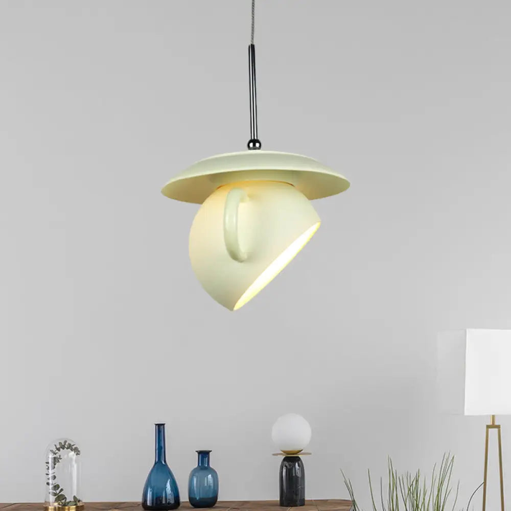 Coffee Cup Macaron Pendant Light With Cement Shade - White/Blue/Yellow Finish Led Ceiling Lamp