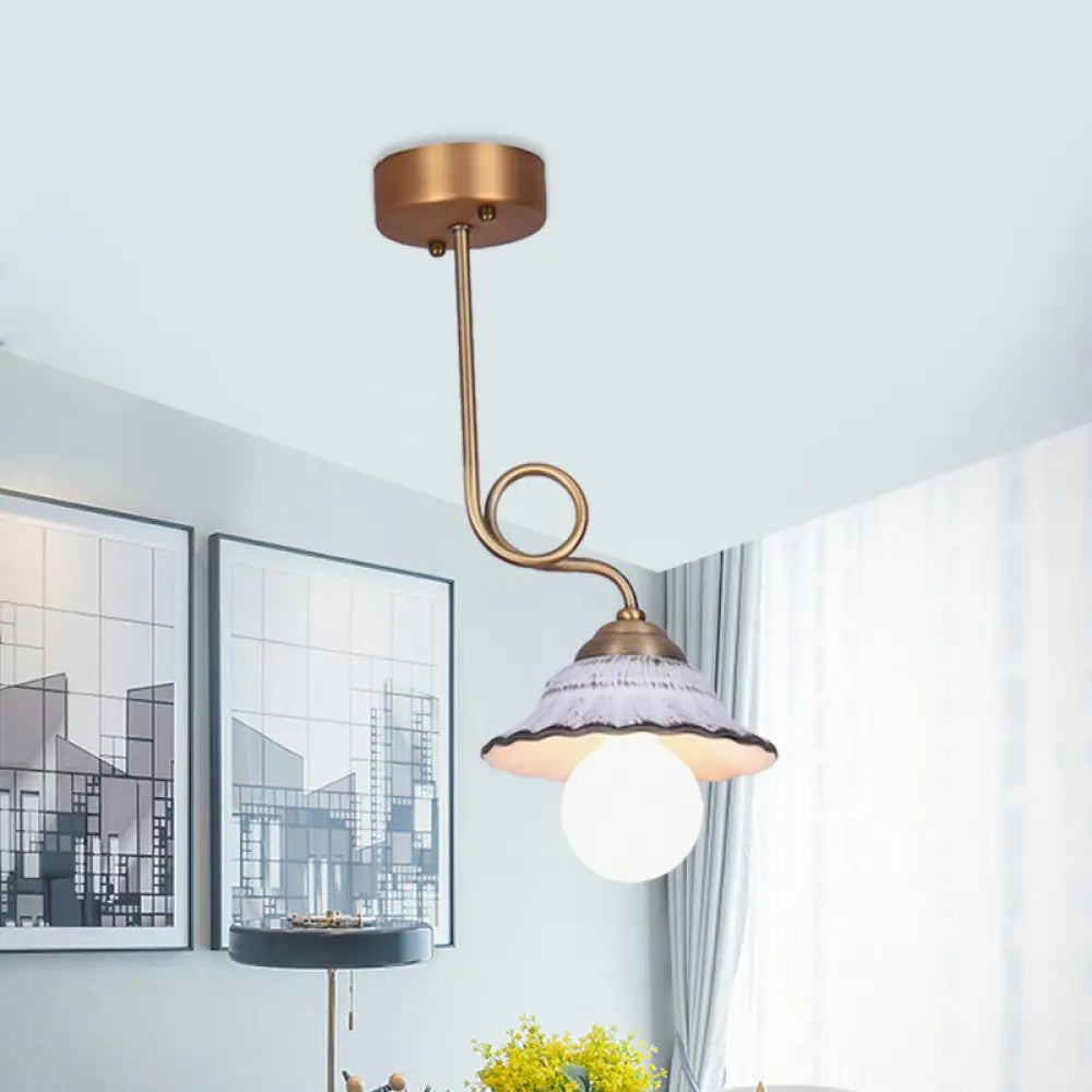 Coffee House Style White Cone Ceramic Semi Flush Light With Brass Spiral Arm - 1/2/3 - Bulb Korean