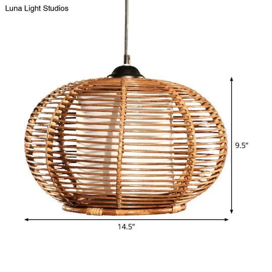 Coffee Pumpkin Rattan Hanging Lamp With Asian Influence 1 Head Ceiling Pendant Light And Tube-Styled