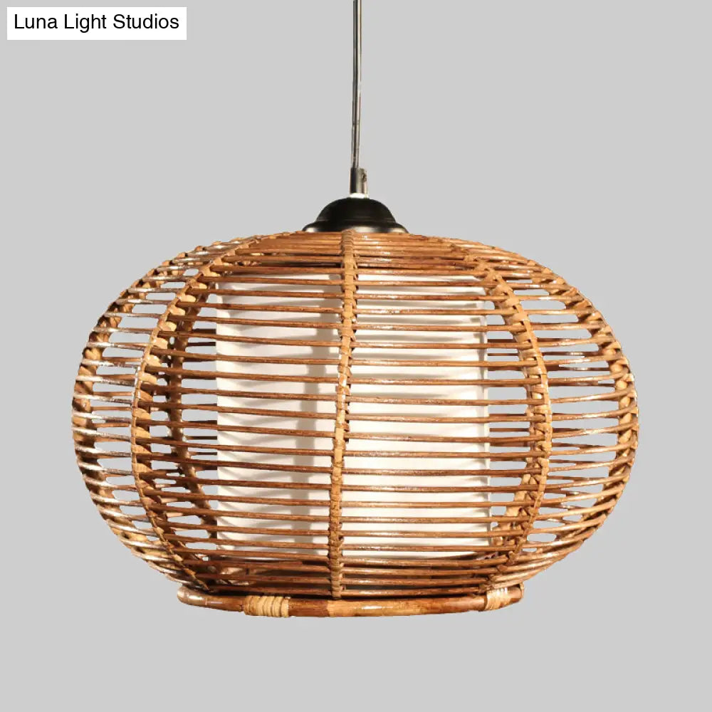 Coffee Pumpkin Rattan Hanging Lamp With Asian Influence 1 Head Ceiling Pendant Light And Tube-Styled