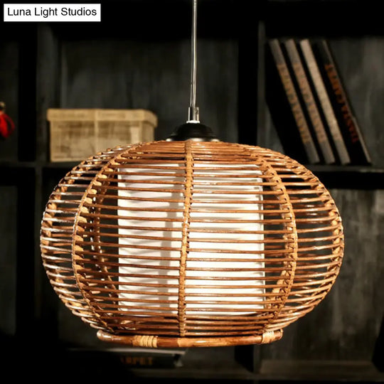 Coffee Pumpkin Rattan Hanging Lamp With Asian Influence 1 Head Ceiling Pendant Light And Tube-Styled