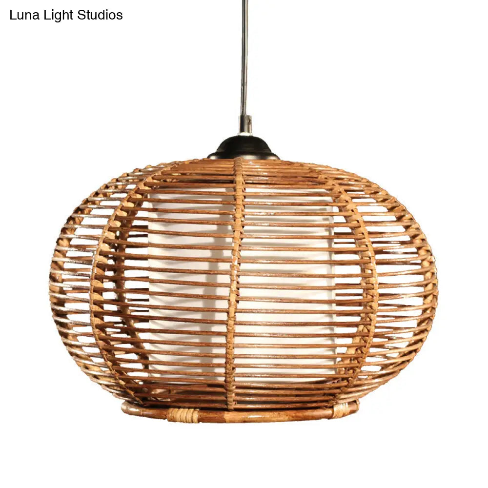 Coffee Pumpkin Rattan Hanging Lamp With Asian Influence 1 Head Ceiling Pendant Light And Tube-Styled