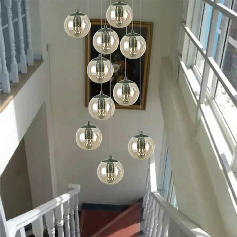 Cognac Glass Globe Cluster Pendant - 10-Light Ceiling Light For Stairs