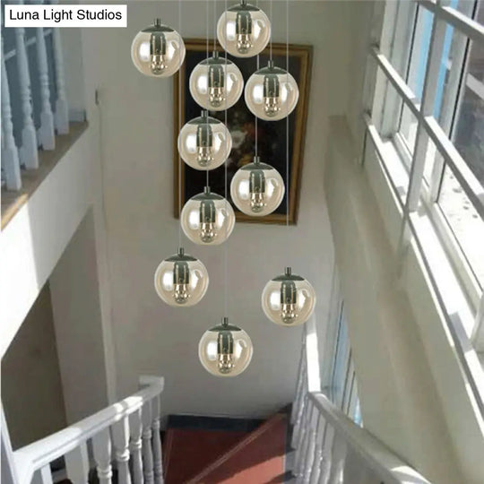 Cognac Glass Globe Pendant Light With 10-Lights For Stairs Or Ceiling