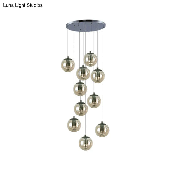 Cognac Glass Globe Pendant Light With 10-Lights For Stairs Or Ceiling