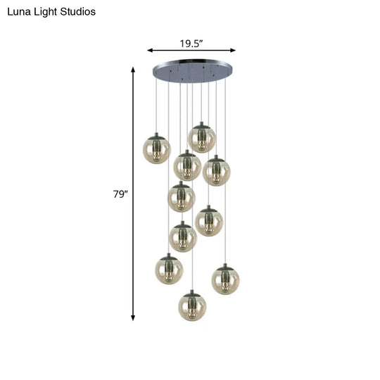 Cognac Glass Globe Cluster Pendant - 10-Light Ceiling Light For Stairs