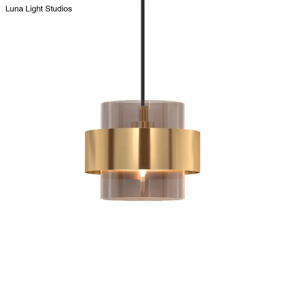 Nordic Cognac Glass Pendant Light With Gold Ring Guard