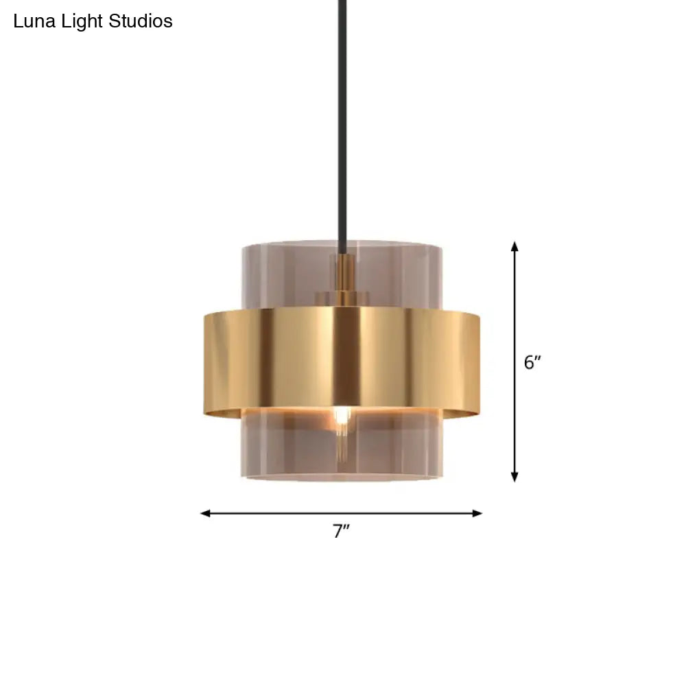 Cognac Glass Pendant Light Fixture With Nordic Design And Gold Ring Guard