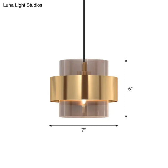 Nordic Cognac Glass Pendant Light With Gold Ring Guard