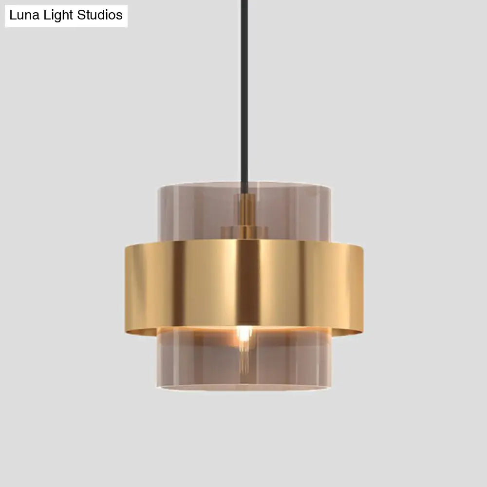 Nordic Cognac Glass Pendant Light With Gold Ring Guard