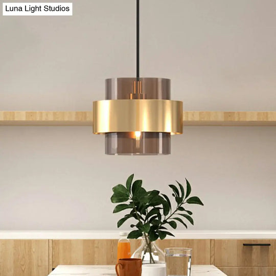 Nordic Cognac Glass Pendant Light With Gold Ring Guard