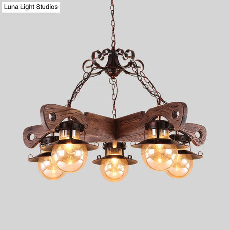 Cognac Seeded Glass Chandelier With Rustic Ball Pendant: 5/9 Lights Industrial Lighting