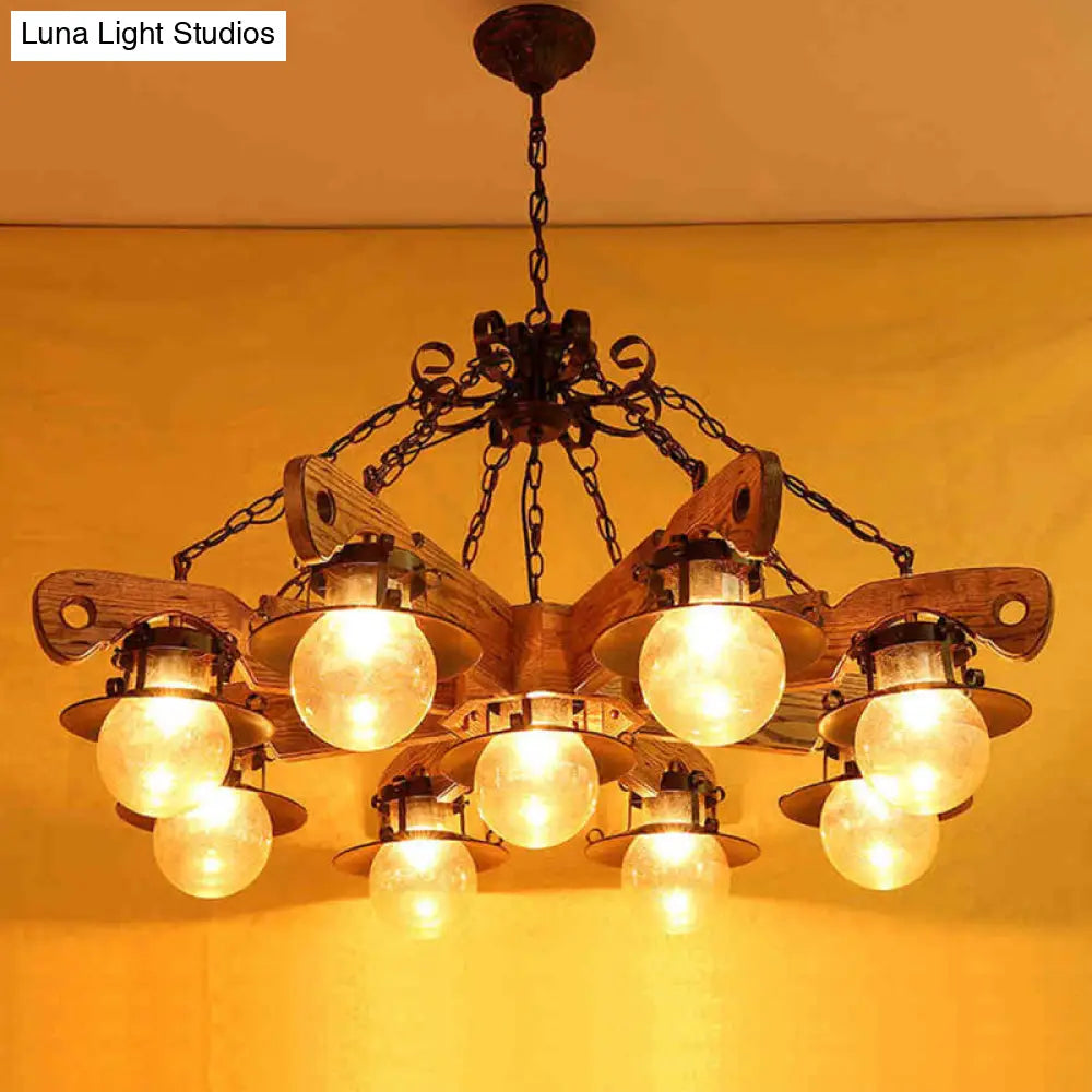 Cognac Seeded Glass Chandelier With Rustic Ball Pendant: 5/9 Lights Industrial Lighting